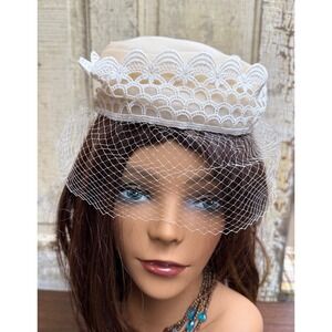 Vintage Cream Satin Pillbox Hat White Lace Birdcage Veil Bridal Wedding